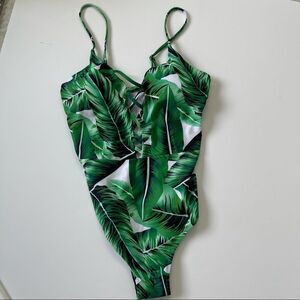 Sondiborn palm leaves lace up one piece swimsuit L‎